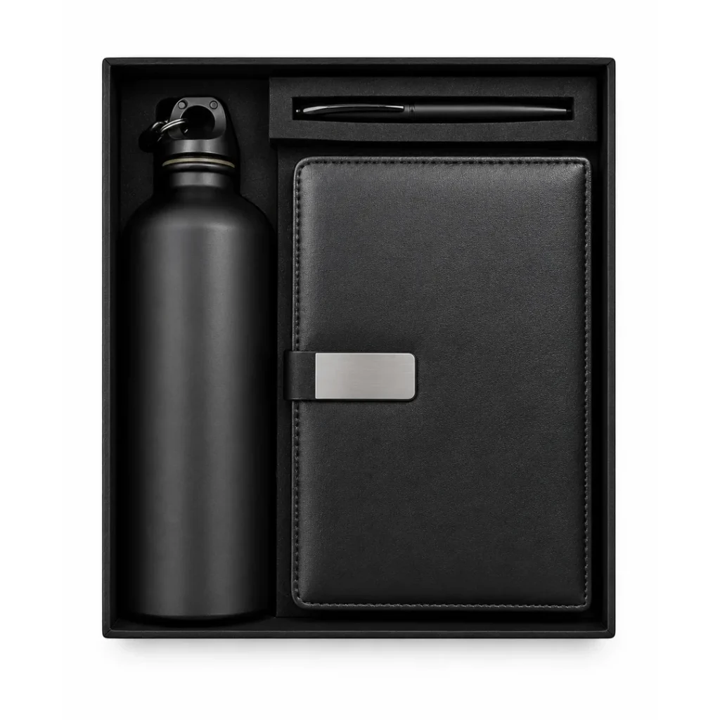 Bottle + Pen + Diary Set Corporate Gift Box Black | Primora Gifts