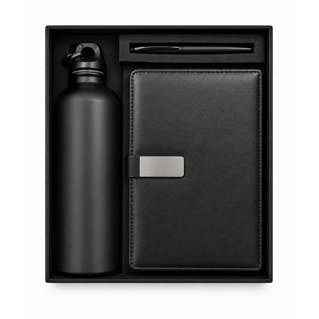 primora-3aa9df6c0595-PG305-Black-BDP01.webp Joining Kit Black Water Bottle, Pen, Diary | Primora Gifts - Image 1