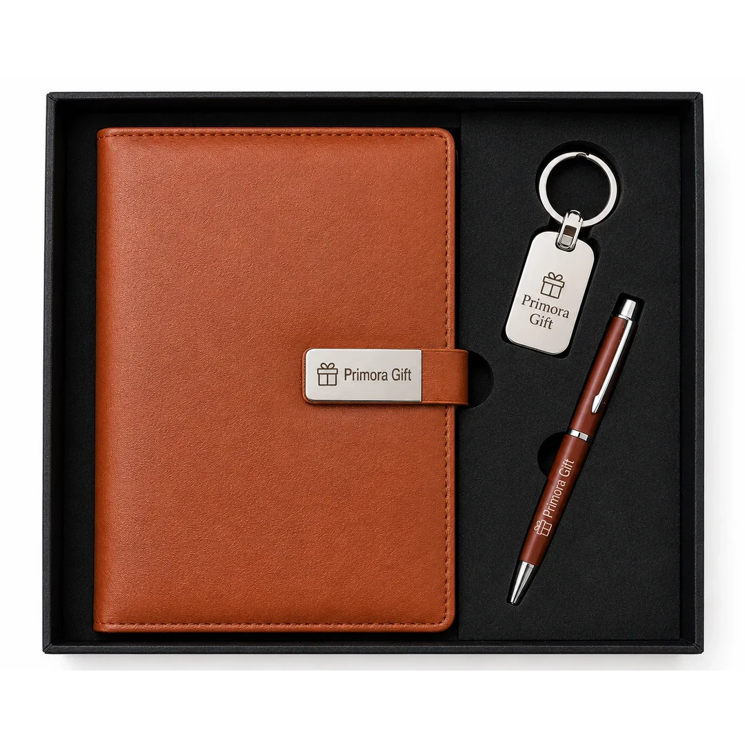 primora-4f6af7ea5791-PG209-Brown-DKP01.webp Joining Kit Brown Diary, Pen & Metal Keychain | Primora Gifts - Image 1