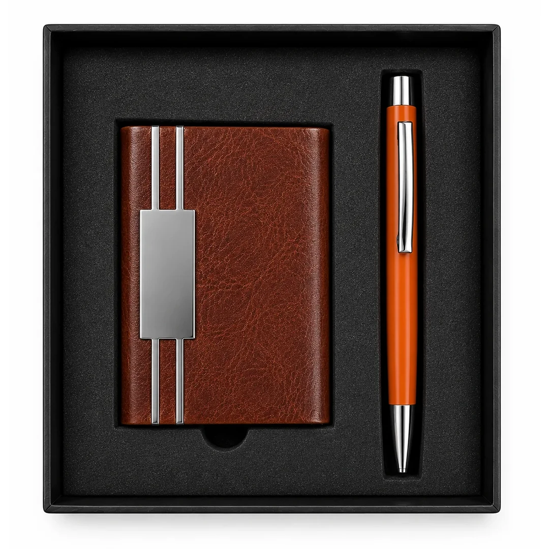 primora-53820c3c844f-PG53-Brown-PC01.webp Joining Kit Brown Card Holder & Pen | Primora Gifts - Image 1