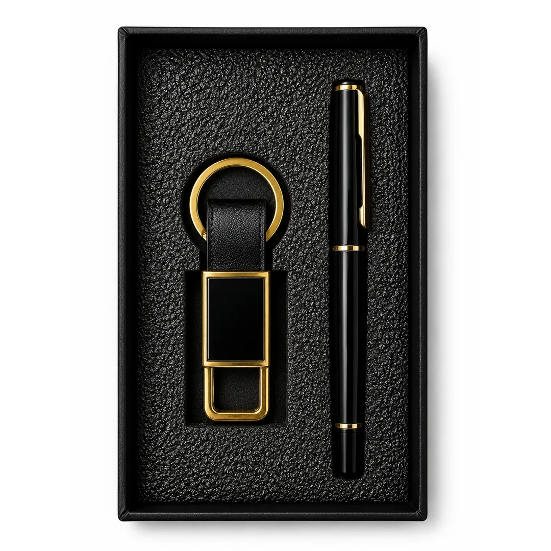primora-6770d8a61555-PG12-Black-Gold-KP01.webp Joining Kit Black & Gold Pen & Keychain | Primora Gifts - Image 1