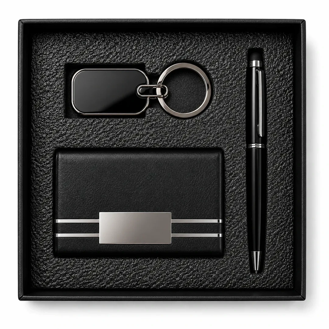 primora-68e0047fe193-PG101-Black-KPC03.webp Joining Kit Black Pen, Card Holder & Metal Keyring | Primora Gifts - Image 1