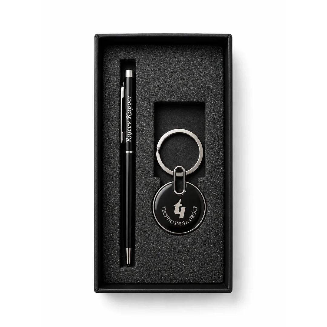 primora-744952190172-PG-01-Black-KP03.webp Joining Kit Black Ball Pen & round Keychain | Primora Gifts - Image 1