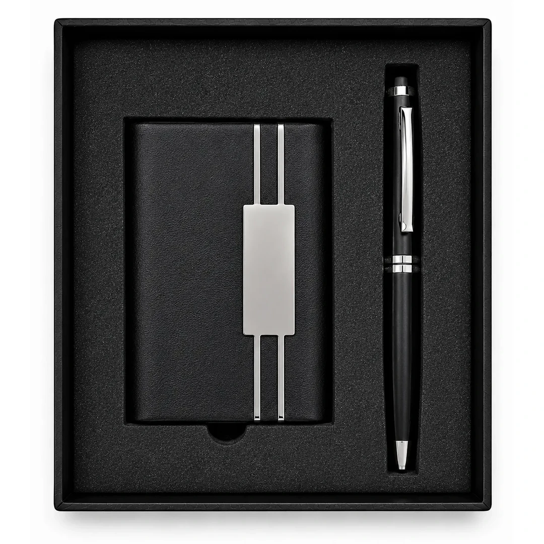 primora-99a08b11fb08-PG51-Black-PC01.webp Joining Kit Black Card Holder with Pen | Primora Gifts - Image 1