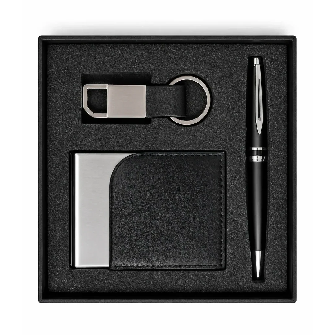 Pen + Keychain + Card Holder Set Corporate Gift Box Black | Primora Gifts