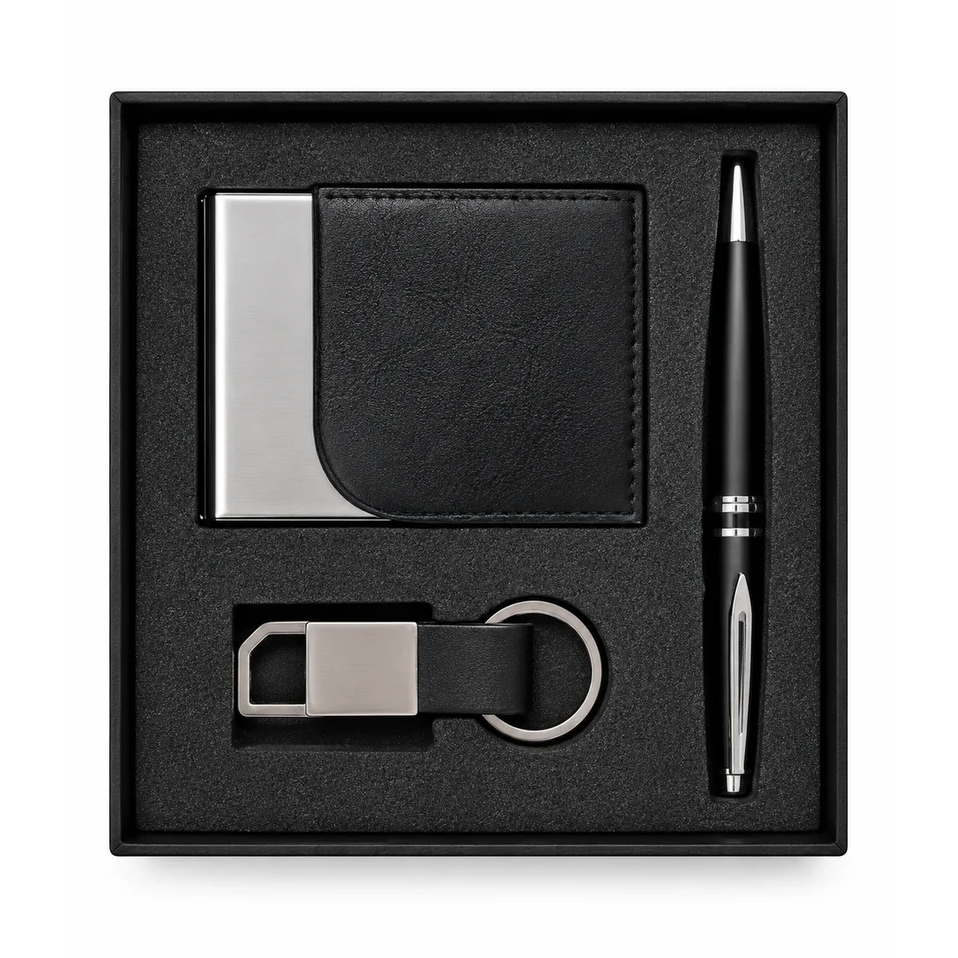 primora-a503aa692702-PG108-Black-KPC01.webp Joining Kit Black Pen, Keychain with Card Holder | Primora Gifts - Image 1