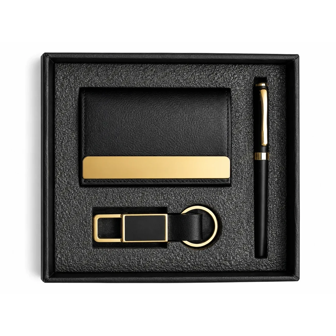 primora-afd2d774faf5-PG114-Black-Gold-KPC01.webp Joining Kit Black and Gold Keyring, Card Holder & Pen | Primora Gifts - Image 1