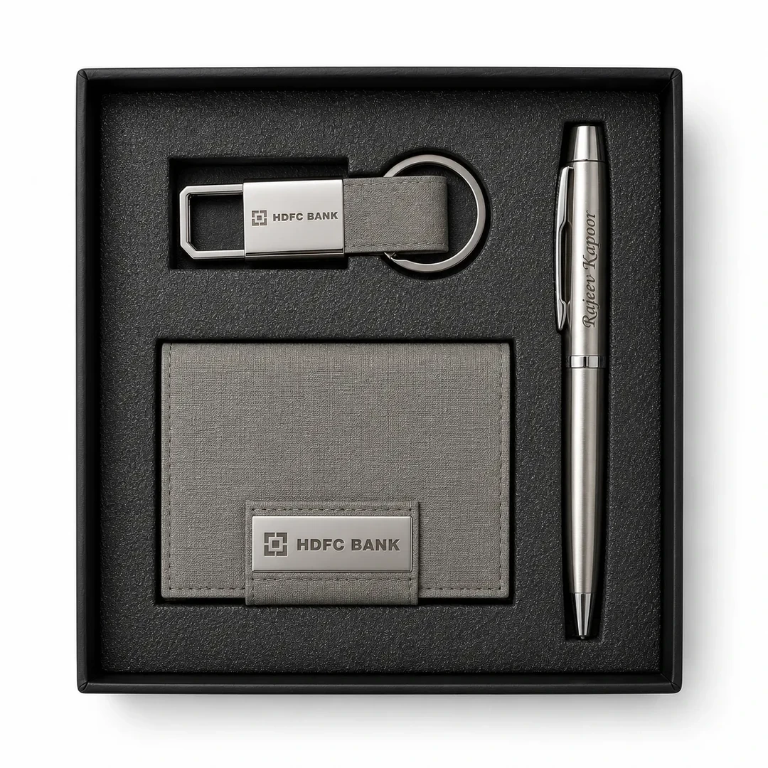 primora-b1299d7d8009-PG112-GREY-KPC01.webp Joining Kit Grey Ball Pen, Keyring with Card Holder | Primora Gifts - Image 1