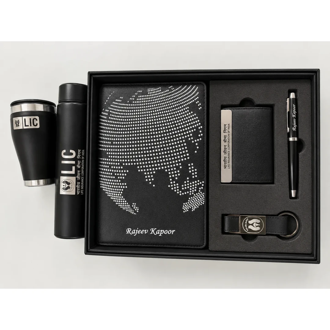 primora-b5c8f0629962-PG451-Black-DBTKPC01.webp Joining Kit Diary, Card Holder, Keychain, Pen, LED Water Bottle, Mu... | Primora Gifts - Image 1