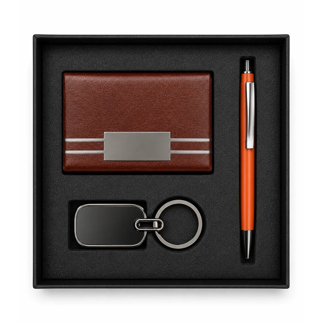 primora-bcc62ce5a0d3-PG103-Brown-KPC03.webp Joining Kit Brown Pen, Card Holder & Metal Keyring | Primora Gifts - Image 1