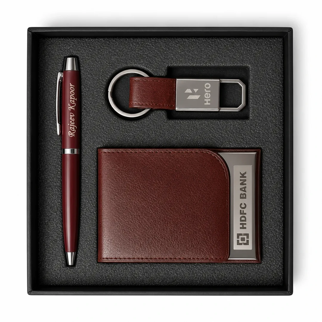 primora-bedbcdaf8a17-PG109-Brown-KPC01.webp Joining Kit Brown Ball Pen, Keyring with Card Holder | Primora Gifts - Image 1