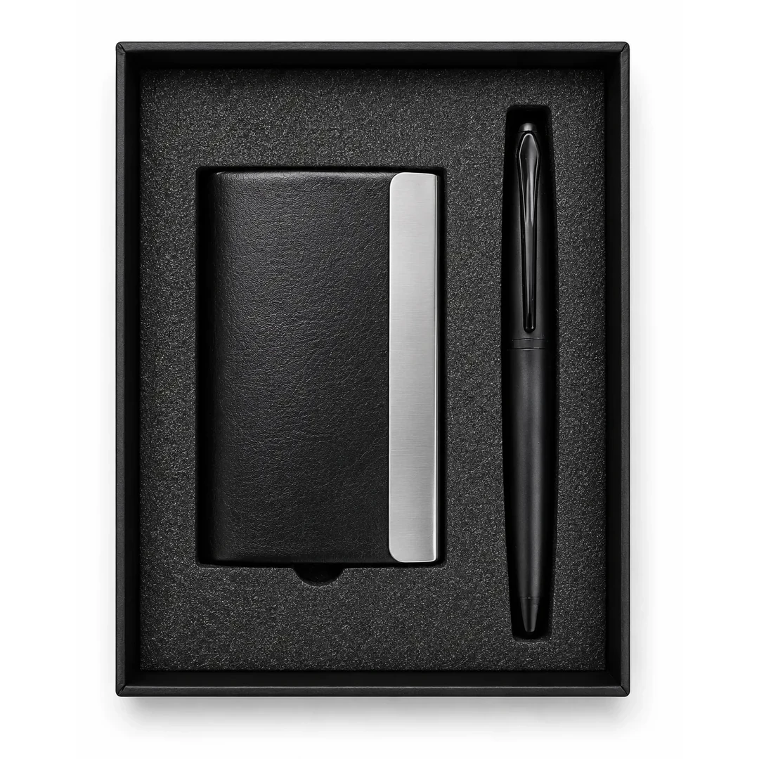 primora-c4aca177818a-PG55-Black-PC01.webp Joining Kit Black Card Holder & Pen | Primora Gifts - Image 1