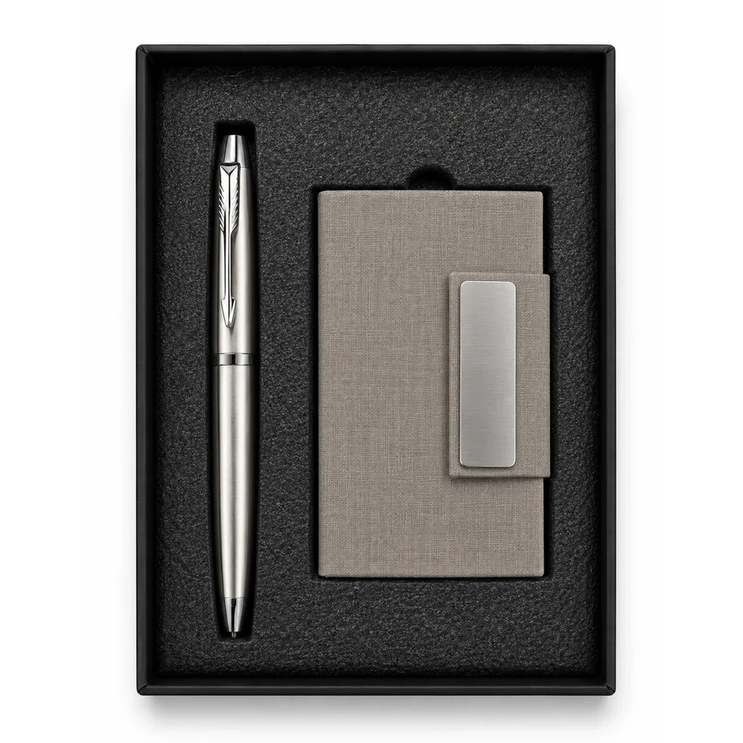 primora-dbdec34cf35c-PG62-Grey-PC01.webp Joining Kit Grey Card Holder with Pen | Primora Gifts - Image 1