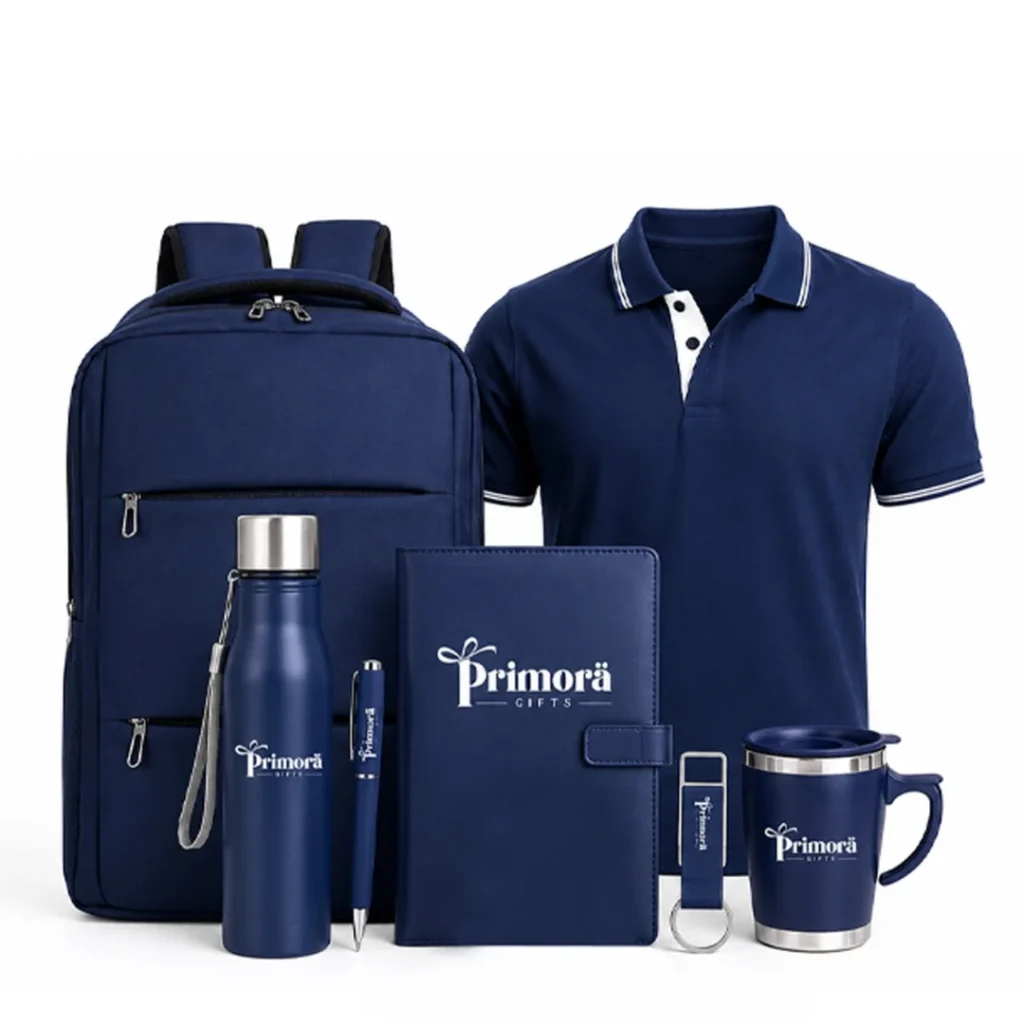 Bag + Diary + Bottle + Mug + Pen + Keyring + Tshirt + Cap Set Corporate Gift Box | Primora Gifts